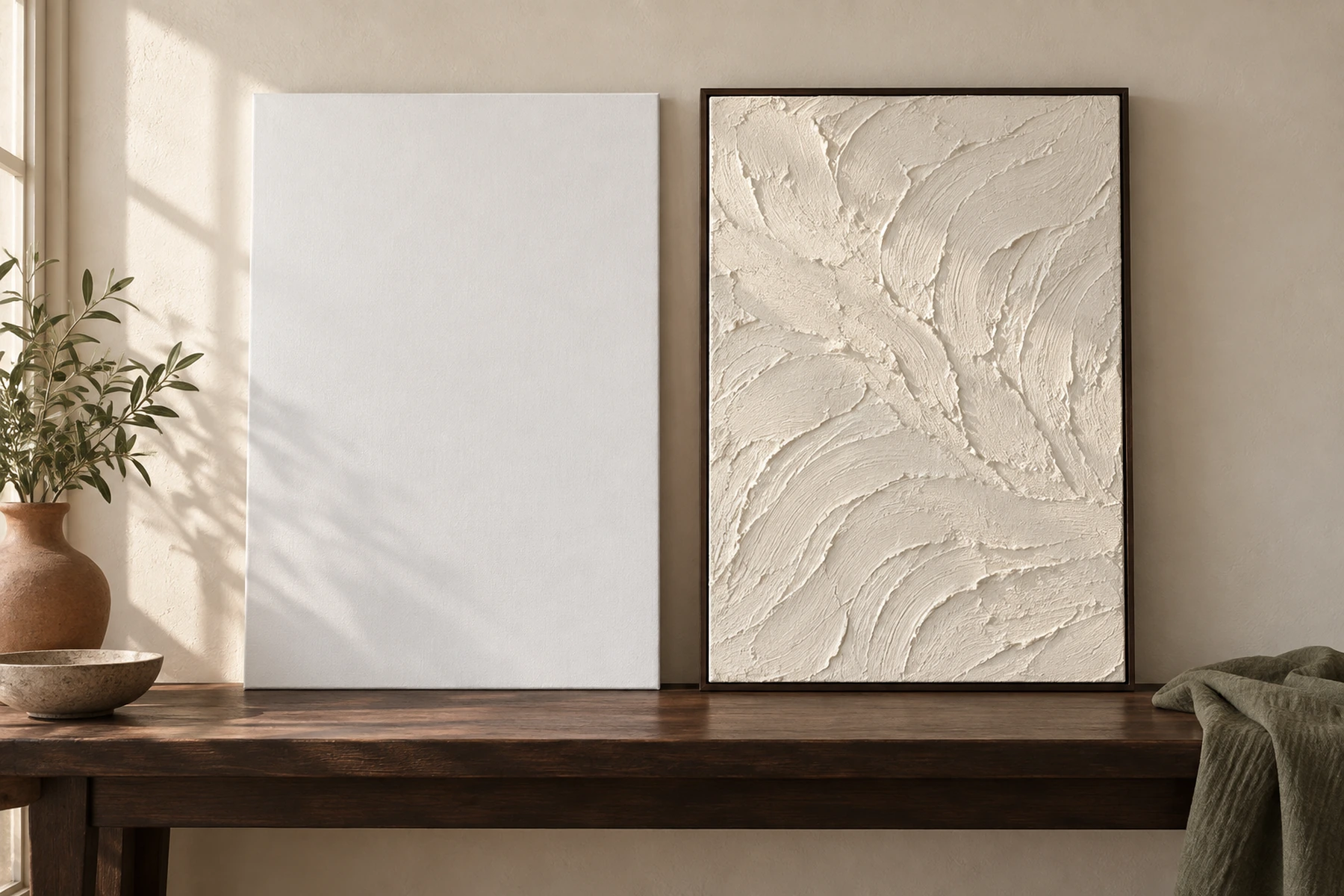 Two canvases of the same size standing side by side against a wall on a wooden table, photographed straight on. The left one is bare, blank primed white. The right one is finished: an off white plaster surface with sweeping ridges and troughs throwing real shadows under low light, set in a slim dark floater frame.