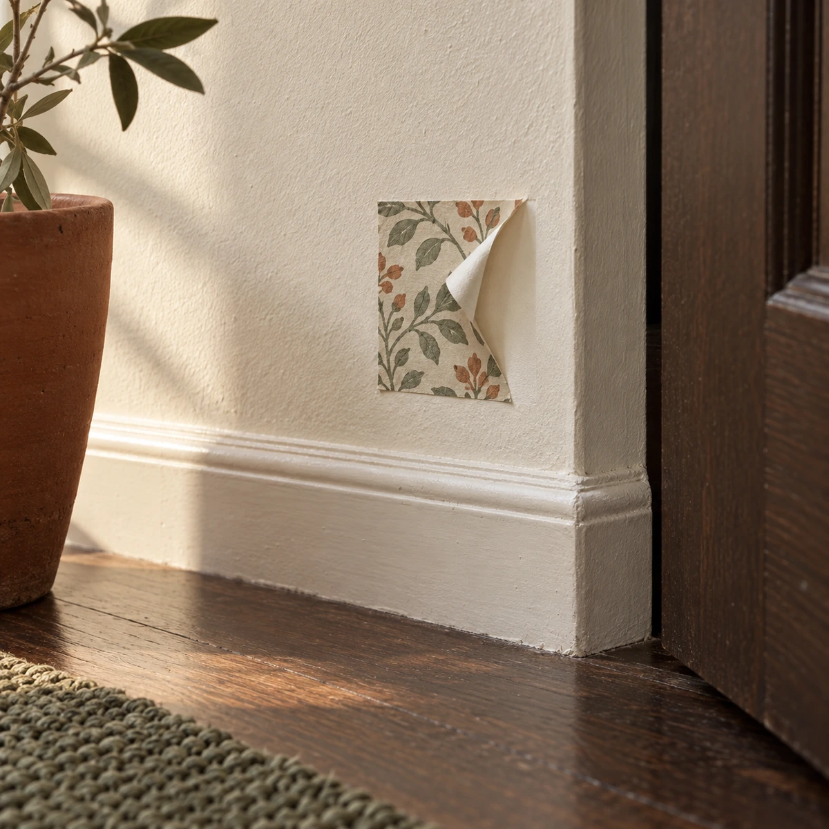A low corner of a rental wall beside a door frame, photographed close. A hand sized square of patterned peel-and-stick paper is stuck there and one corner of it has been peeled back and held open, showing flat off white paint underneath that is completely intact: no lifted paint, no gloss, no torn surface. The skirting board runs along the bottom of the frame.