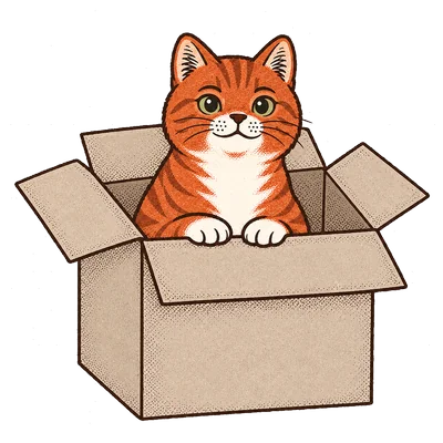 Chenille, the site cat, folded into a cardboard box far too small for her.