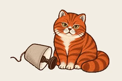 Chenille, the ginger tabby, lying on her side next to something she has just pushed over.