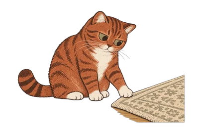 Chenille, the site cat, sitting beside a patterned rug and reaching one paw out to pat its edge.