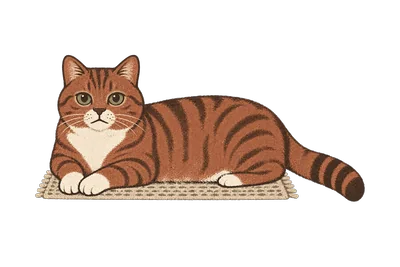 Chenille, the site cat, lying stretched out on a small woven rug with her back half and tail spilling off the edge onto the bare floor.