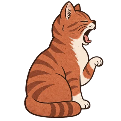 Chenille, the site cat, sitting side on and caught mid yawn with one front paw lifted.