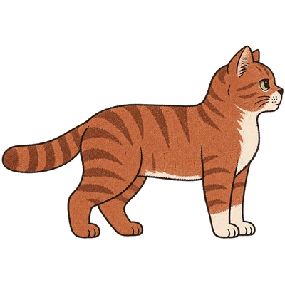 Chenille, the site cat, walking in profile with her tail low and one front paw lifted mid stride.