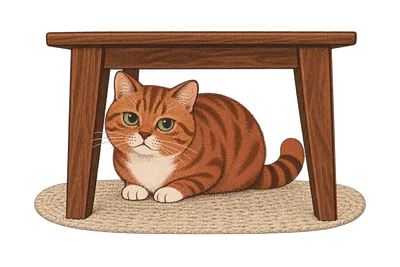 Chenille, the site cat, lying under a dark wooden table on a woven rug, looking straight out at you.