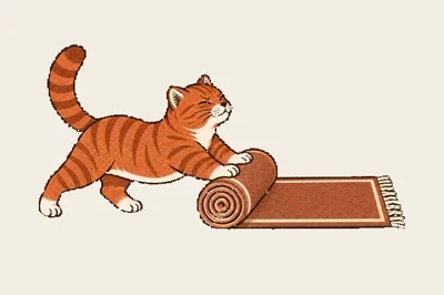 Chenille, the site cat, sitting on a rug that is still half rolled up.