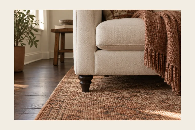 The turned wooden foot of a cream linen sofa standing on a rust toned jute rug, with dark stained floorboards past the rug edge and a chunky terracotta knit throw falling over the arm.