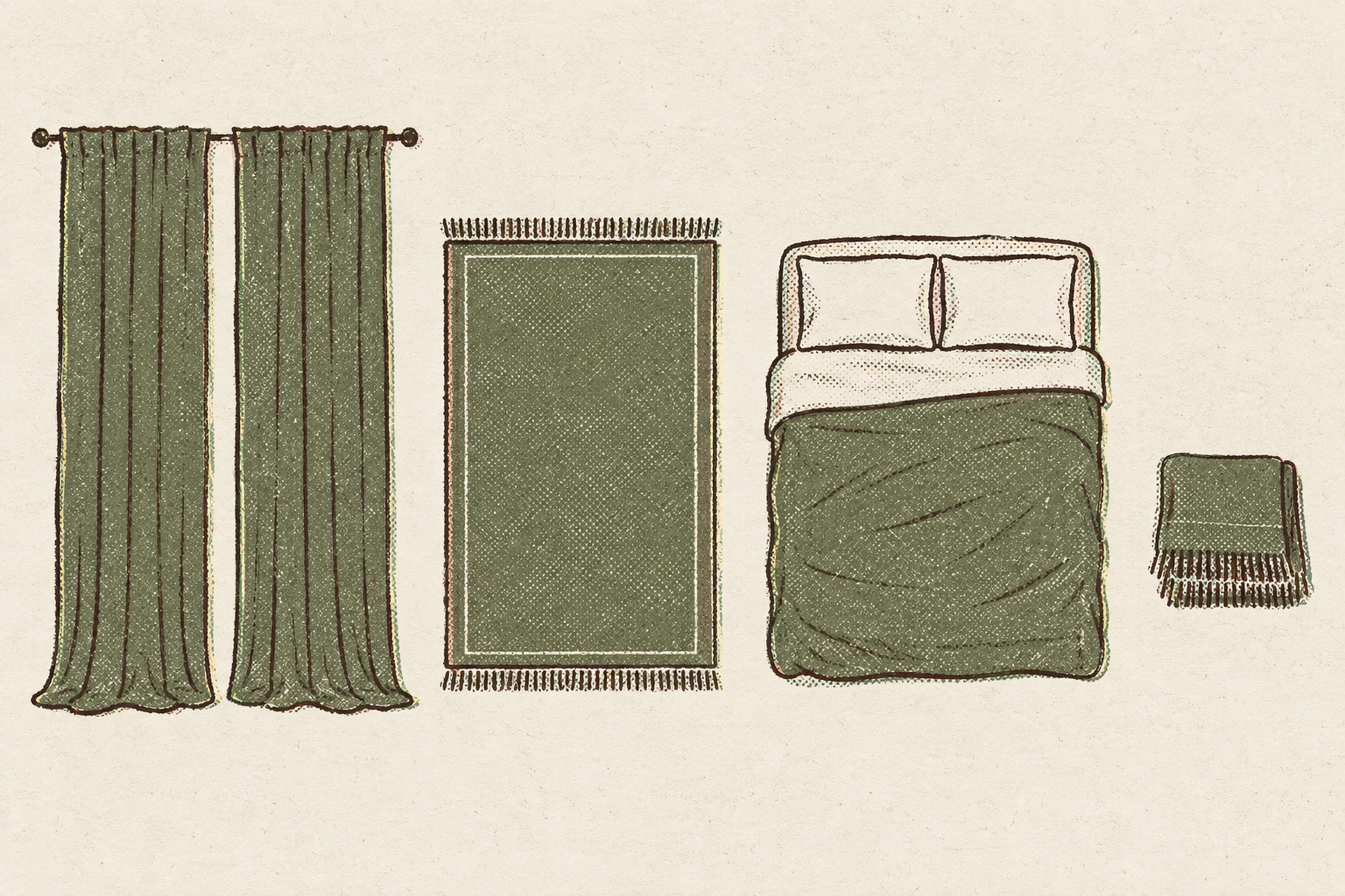 Four olive shapes laid in a row at their true relative surface areas: a pair of floor length curtain panels, easily the largest; a rug; a made bed seen from above; and a folded throw, much the smallest.