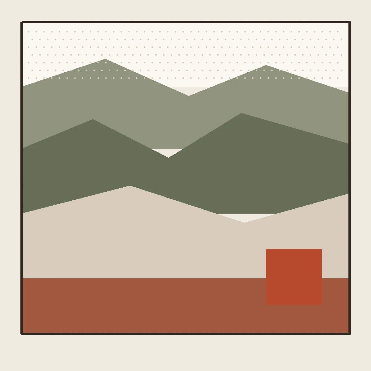A two ink risograph of an abstract landscape made of six large flat areas of color with hard edges between them, printed on warm off-white paper.