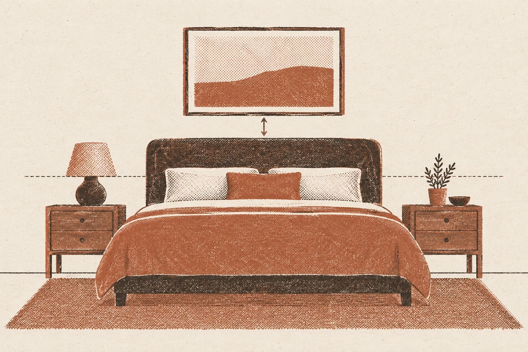 A two ink elevation of the headboard wall of a bedroom, seen straight on from the foot of the bed. A nightstand stands on each side, and a long dashed line runs right across the drawing at the level of the top of the mattress, meeting the bottom edge of the lampshade on the left nightstand. A framed picture hangs centered above the headboard with a short vertical arrow between the top of the headboard and the bottom of the frame. A rug shows along the floor. Nothing in the drawing is labeled with a number.