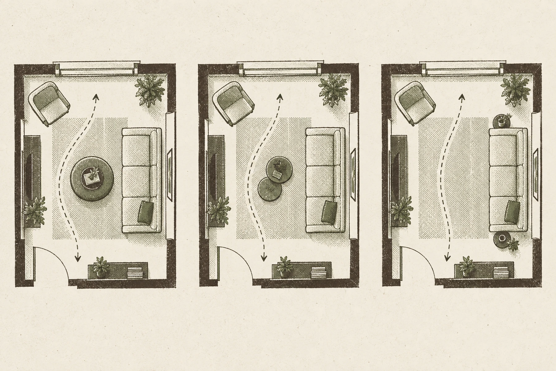 Three overhead plans of the same small living room in a row, each with the same sofa against the right wall and the same door. In the first, a round ottoman with a tray on it sits in front of the sofa. In the second, two small round nesting tables take one footprint. In the third the whole center is left clear and a small round table sits at each end of the sofa. A dashed line in each plan traces the clear route through the room.