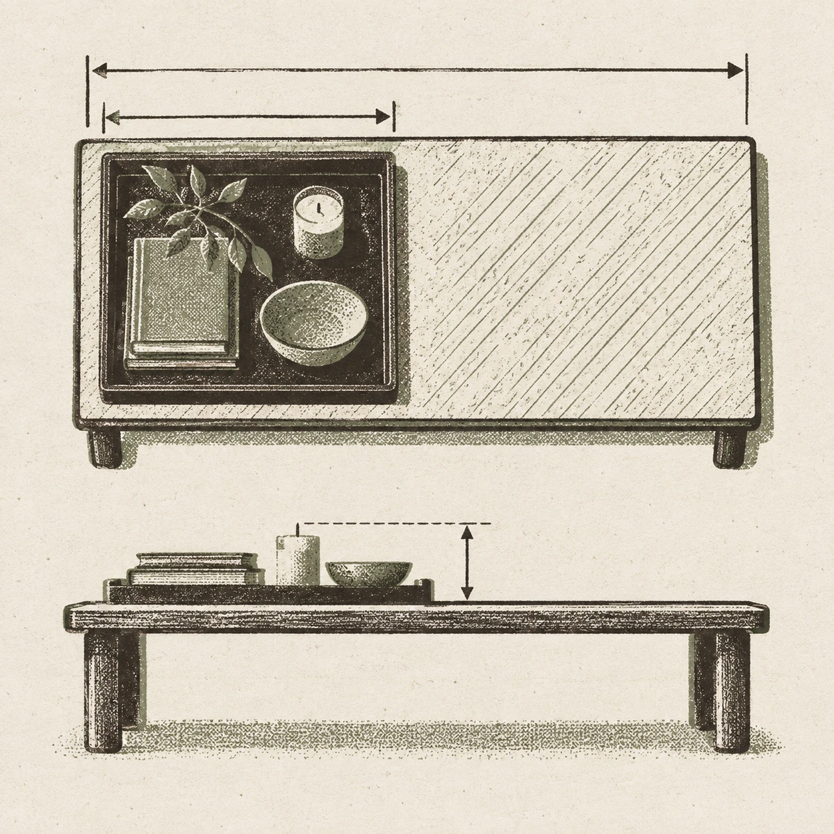 Overhead view of a rectangular coffee table with a dark rectangular tray sitting on one side of it, an arrow across the whole table length and a shorter one across the tray. The rest of the top is bare, marked only with light diagonal hatching. Below, the same table drawn from the side with a low stack of books, a candle and a small bowl on the tray, and a dashed line just above the tallest of them with an arrow down to the table top.