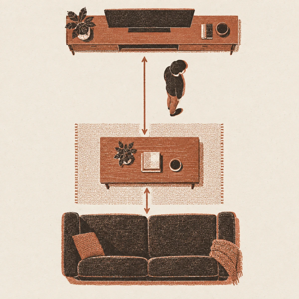 Overhead plan with a sofa along the bottom, a rectangular coffee table on a rug in the middle and a media unit against the far wall. A short arrow runs from the front edge of the sofa cushion to the near edge of the table, and a clearly longer arrow runs from the far edge of the table to the media unit. A flat silhouette of a person seen from above is turning sideways to pass through the far gap.