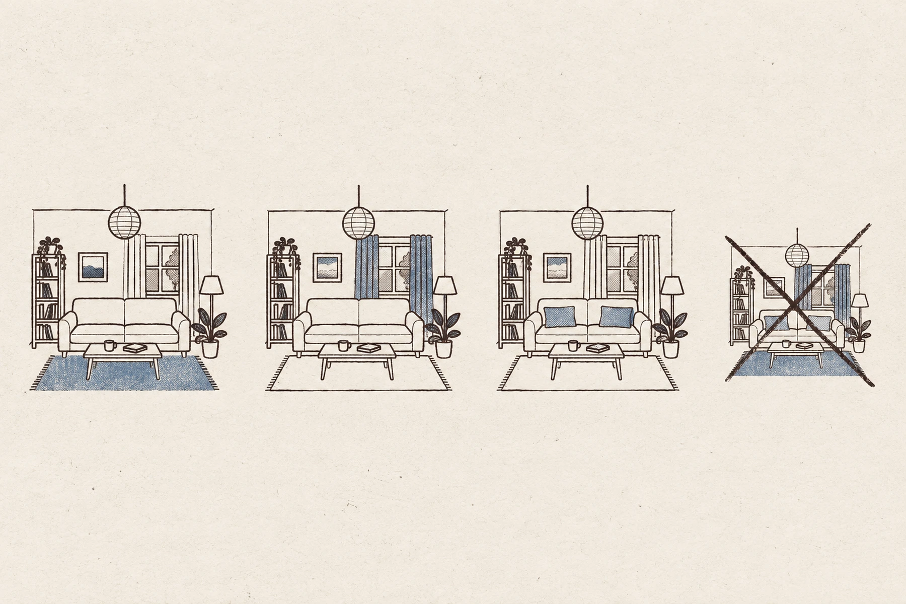 A two ink print of four small line drawings of the same living room. In the first only the rug is filled in dusty blue, in the second only the curtains, in the third only two sofa cushions. The fourth has both the rug and the curtains blue at once and a hand drawn cross struck through it.