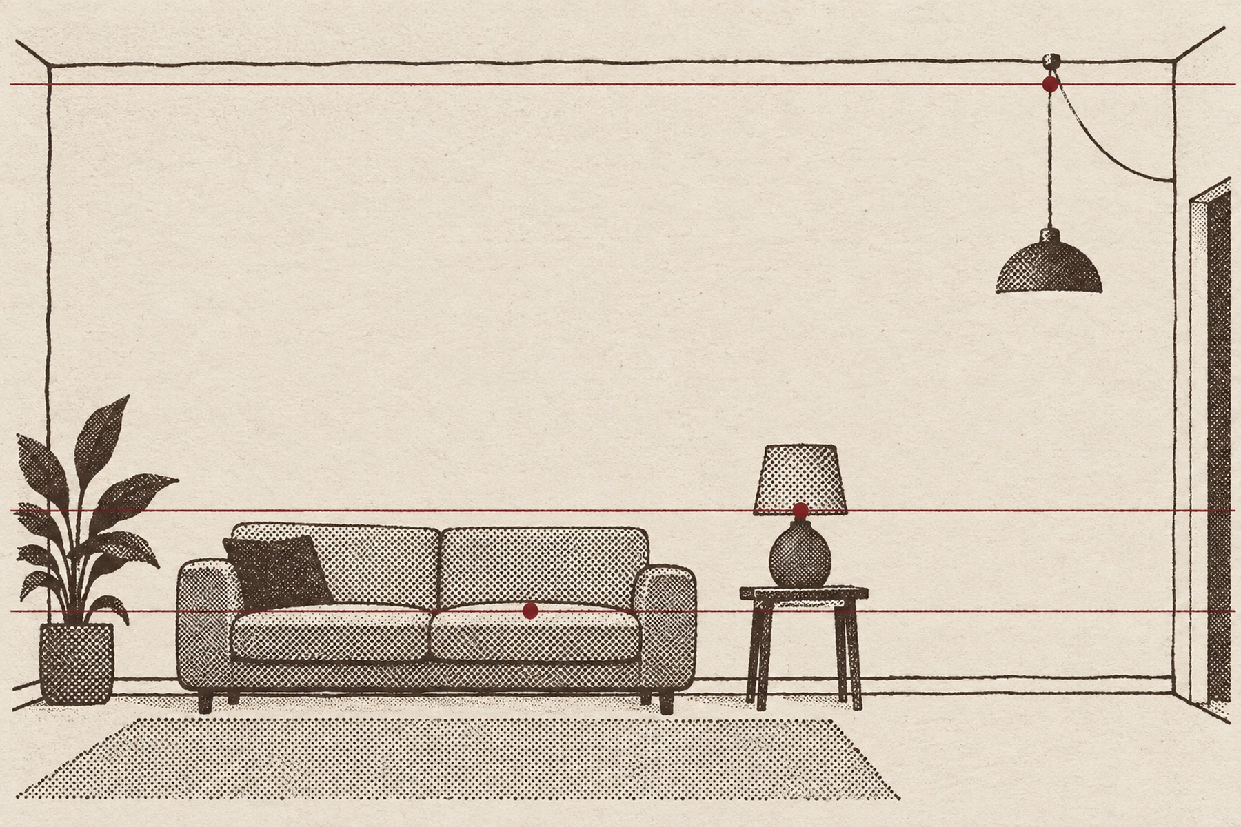 A two ink print of a living room wall seen flat. Three small deep red marks sit at three clearly different heights, each on its own thin red guide line: one low on the sofa seat, one at mid height on the neck of a table lamp, and one high at the ceiling where the pendant cord meets its hook. Everything else is an outline on empty paper.