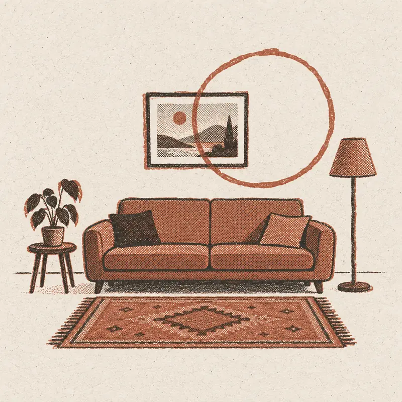 A two ink print of a living room with a picture hung high over the sofa and a red circle drawn around it, and a small rug marooned on the floor in front.