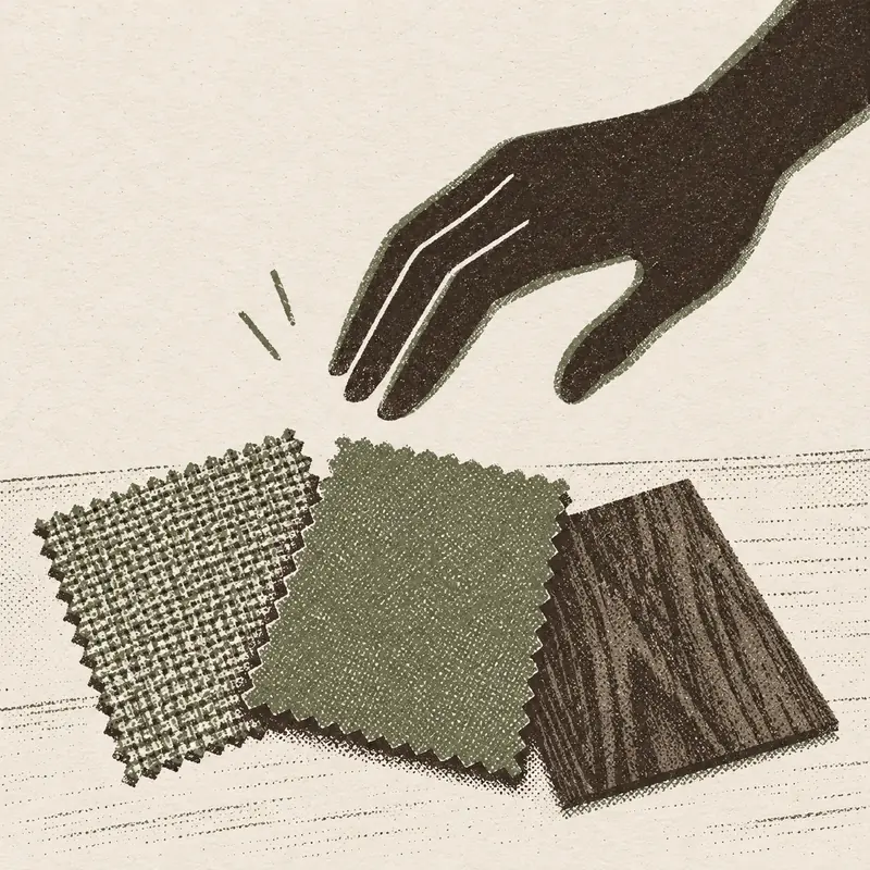 A hand reaching down toward three material swatches on a table: a woven textured square, a plain sage green square and a dark wood-grain sample.