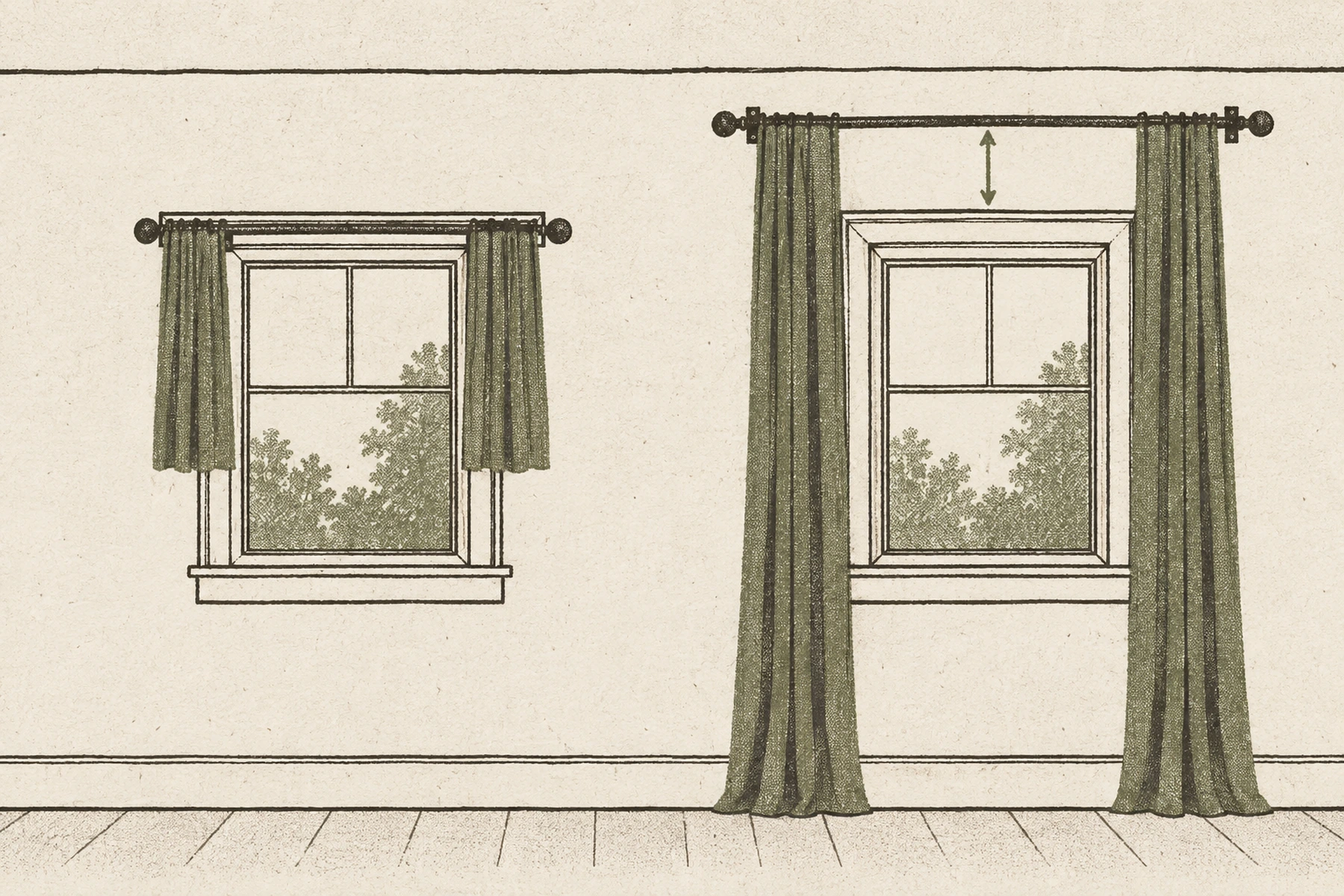 Two identical windows drawn face on against the same wall, sharing a floor line and a ceiling line. On the left the brackets are screwed onto the wooden casing itself, the rod level with the top of the frame and the panels stopping at the sill. On the right the same window with the brackets on bare wall well above the casing and well past it on both sides, the panels running to the floor, and a short arrow from the top of the casing up to the rod.
