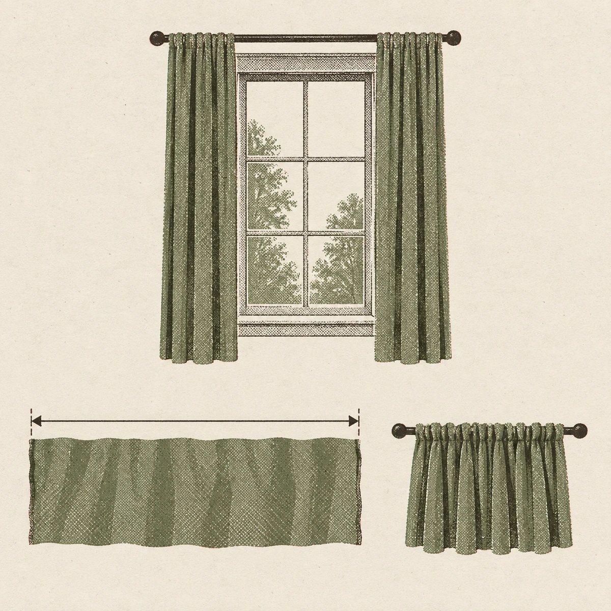 At the top, a window with a pair of olive panels gathered on a rod. Below it, the same cloth shown twice: on the left it lies flat and fully spread out, with a long arrow running across its whole width, and on the right the identical piece is gathered into deep even folds on a short rod, now spanning only a fraction of that width.