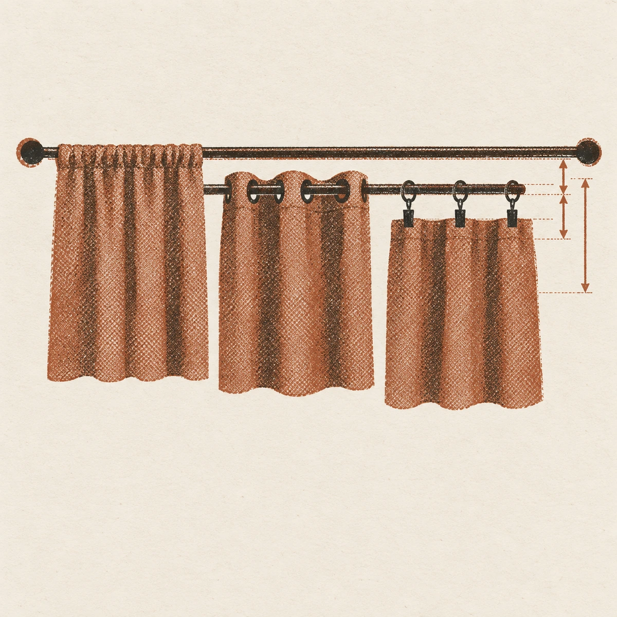 Three short sections of curtain hanging side by side from the same rod, each attached a different way. On the left a rod pocket, with the top of the fabric level with the rod. In the middle a grommet header, sitting a little lower. On the right clip rings, holding the fabric lower still. Down the right hand side, dashed lines and arrows mark how far each fabric top edge falls below the rod.