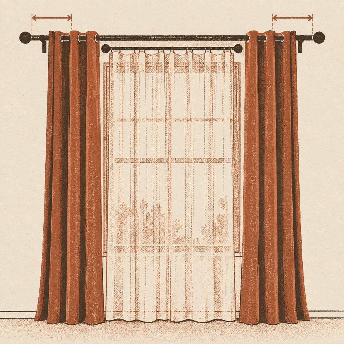 One window seen from the front with two rods mounted one in front of the other. The front rod reaches well past the window on both sides and carries the two heavy panels; the shorter back rod stops inside them and carries the lace across the glass. Two arrows at the top mark how much further the front rod reaches on each side.