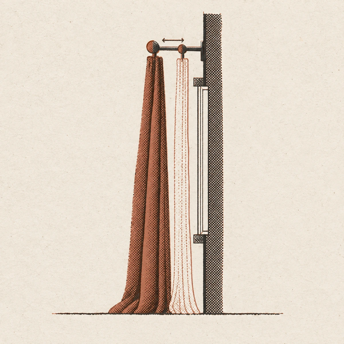 One window seen from the side, cut through. A single bracket reaches out from the wall and carries two rods at two different distances from the glass. The near rod holds a thin open curtain that falls to the floor; the far rod holds a heavy folded panel that falls to the floor beside it. A short arrow marks the gap between the two rods.