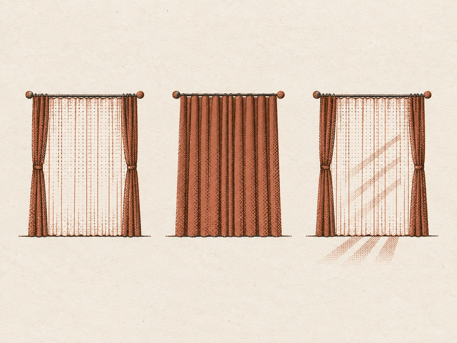 The same window drawn three times at the same scale. First, the thin curtain closed across the glass with the heavy panels tied back at the sides. Second, both layers closed and the window solid. Third, the heavy panels tied back with the thin curtain closed and daylight coming through it into the room.