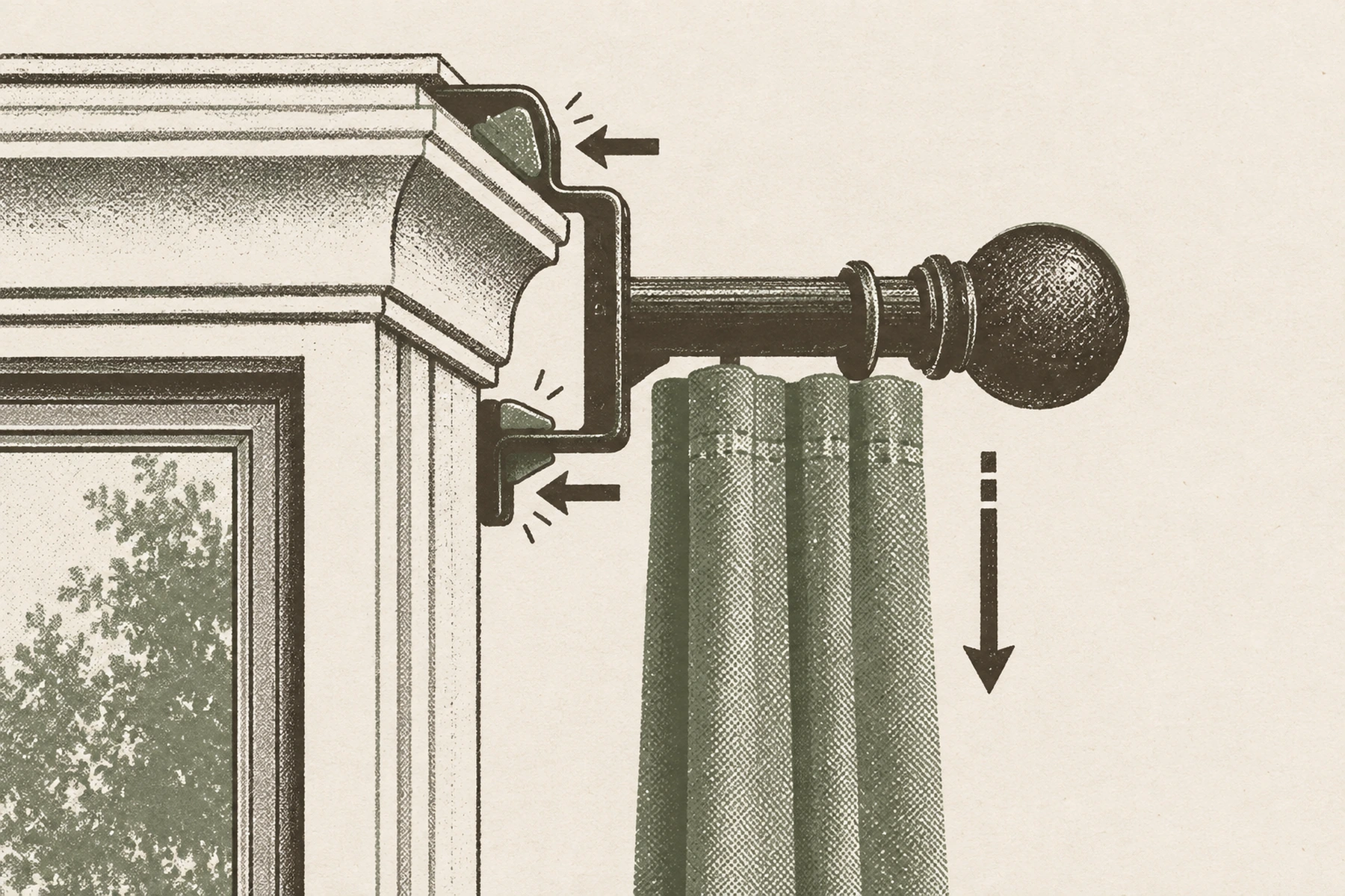 Close cross section of the top corner of a window. The wooden casing molding stands proud of the wall and a plain bracket clamps over it from above and below, its two contact points drawn as small wedges biting into the wood. A rod rests in the bracket carrying a lined panel. One arrow runs straight down through the panel and rod into the bracket, and two short arrows show the clamping force pressing on the molding. The wall beside it is bare paper, with no holes and no fixings.