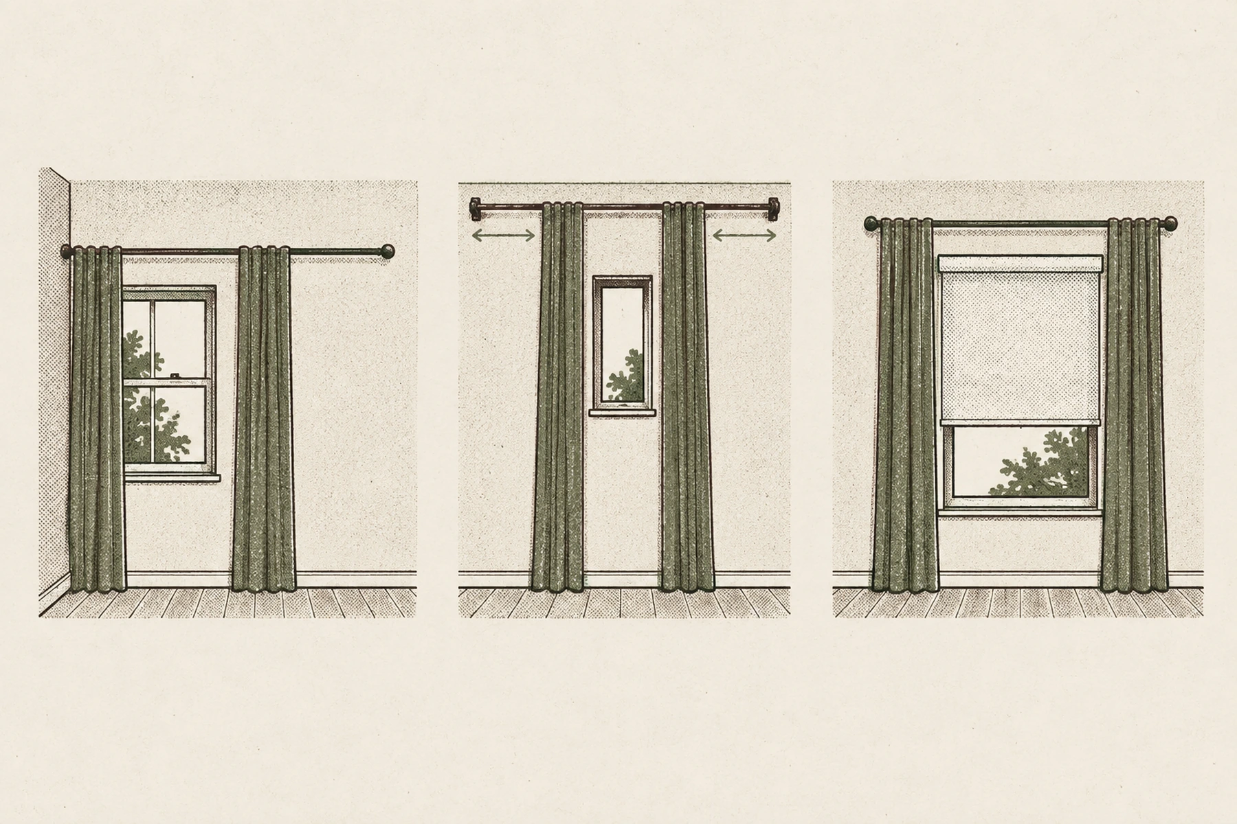 Three wall elevations in a row. First, a window sitting close to a corner with the rod centered on the whole wall, so one bracket reaches much further than the other. Second, a very small window with the rod near the ceiling and brackets reaching far past it on both sides, with arrows on the two extensions. Third, a window with a white roller blind pulled halfway down inside the opening and the rod mounted above and outside it, panels hanging past the blind on both sides.