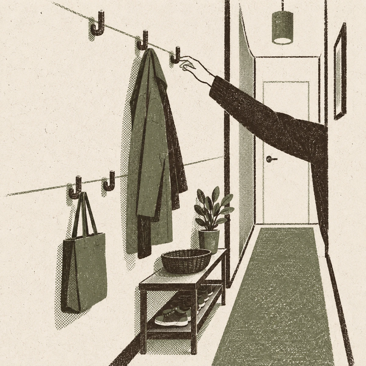A print of a narrow hallway seen from the side. Two rows of hooks run along the left wall on two thin guide lines: a long coat hangs from the upper row, a tote bag from the lower one, and a hand reaches up to the farthest top hook. Below them a shallow bench holds a basket and a pair of shoes, with a plant beside it, and a runner lies down the middle of the clear walkway to the right.