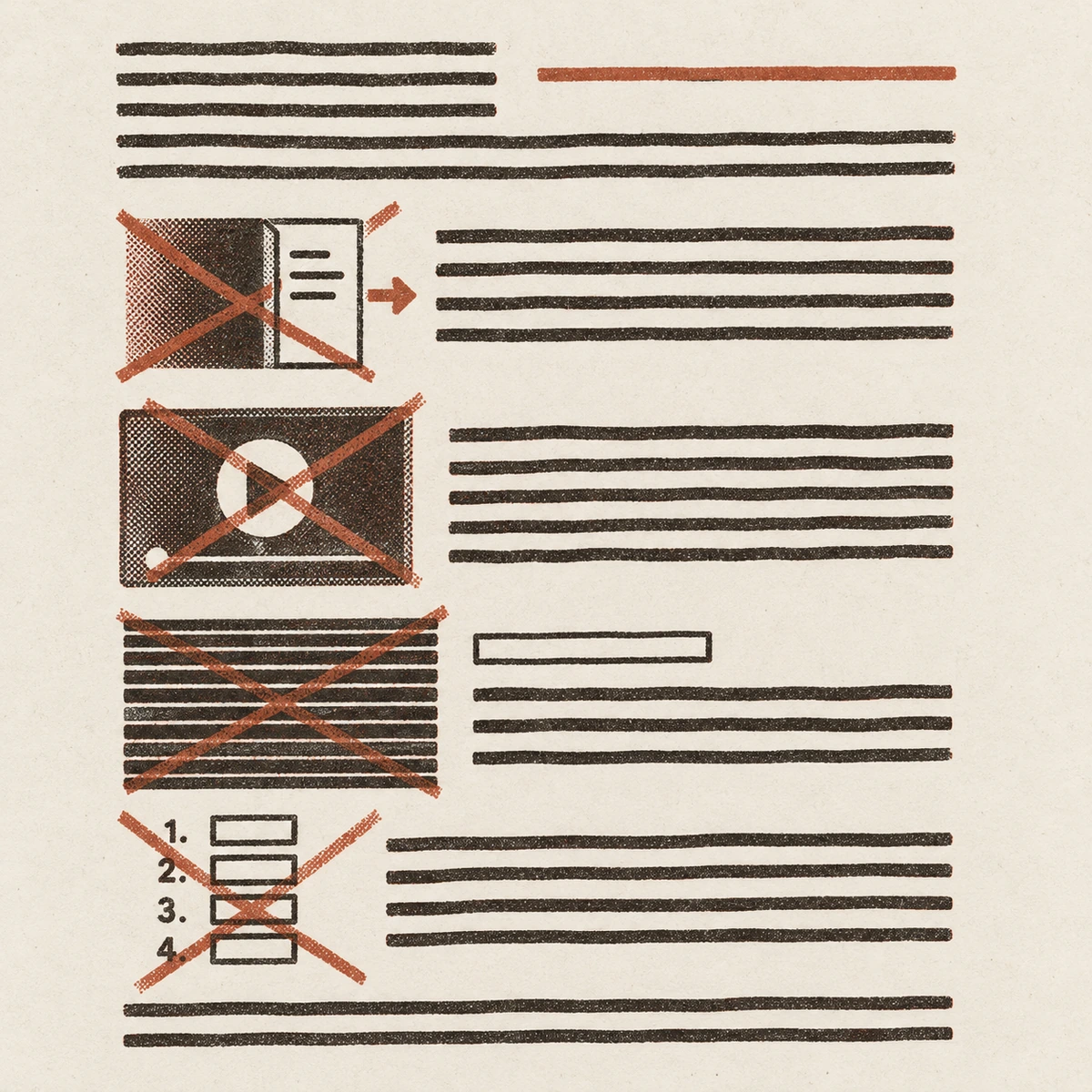 A two ink print of a page of text drawn as stacks of plain horizontal lines. Four things have a hand drawn terracotta cross struck through them: a panel sliding in from the side, a video play triangle, a thick block of lines set before the first answer, and a numbered list of four empty boxes. The one short line at the very top, printed in terracotta, is left clean.