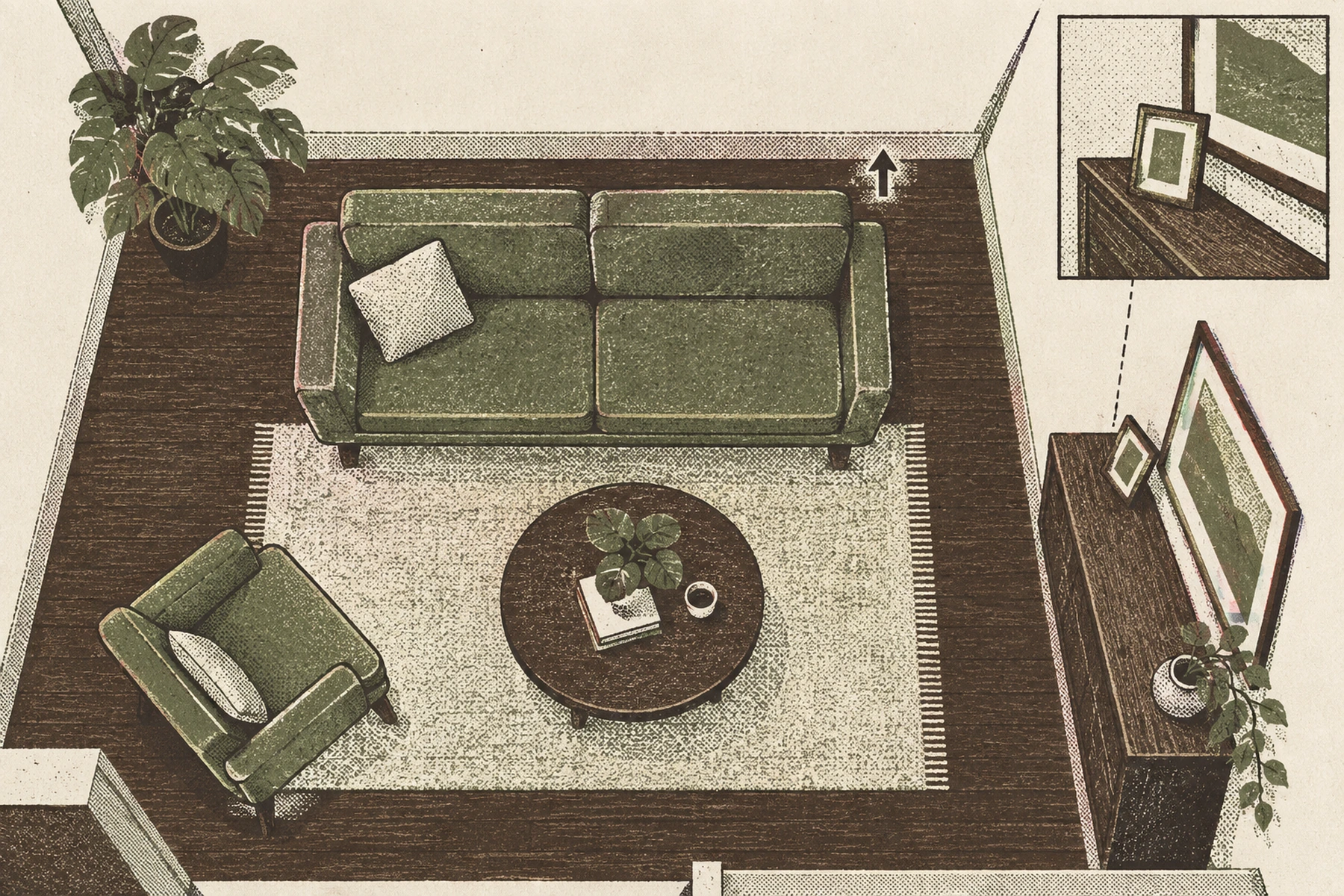 Overhead plan of a living room showing the four fixes at once. A pale rug lies so the front legs of the sofa and of the armchair land on it. The sofa stands a short way off the wall with a small arrow across the gap behind it. A large plant sits in the corner where two walls meet, covering it. On the right a sideboard carries a small framed picture leaning against a larger framed one so the two overlap, drawn again as a side on detail in the top corner.