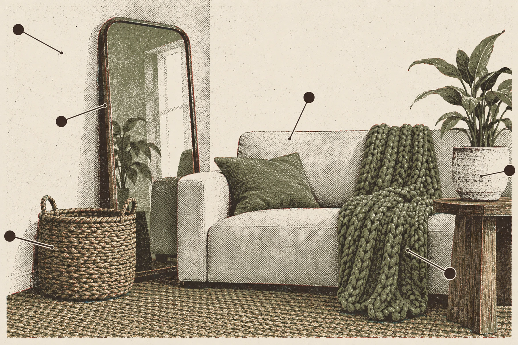 One corner of a living room drawn face on with six surfaces placed inside the single view: a bare matte wall, a tall mirror leaning against it, a smooth pale sofa, a chunky knit throw over its arm, a woven basket on the floor and a planted pot on a wooden side table. A short leader line runs from each of the six out to a small filled dot in the margin.
