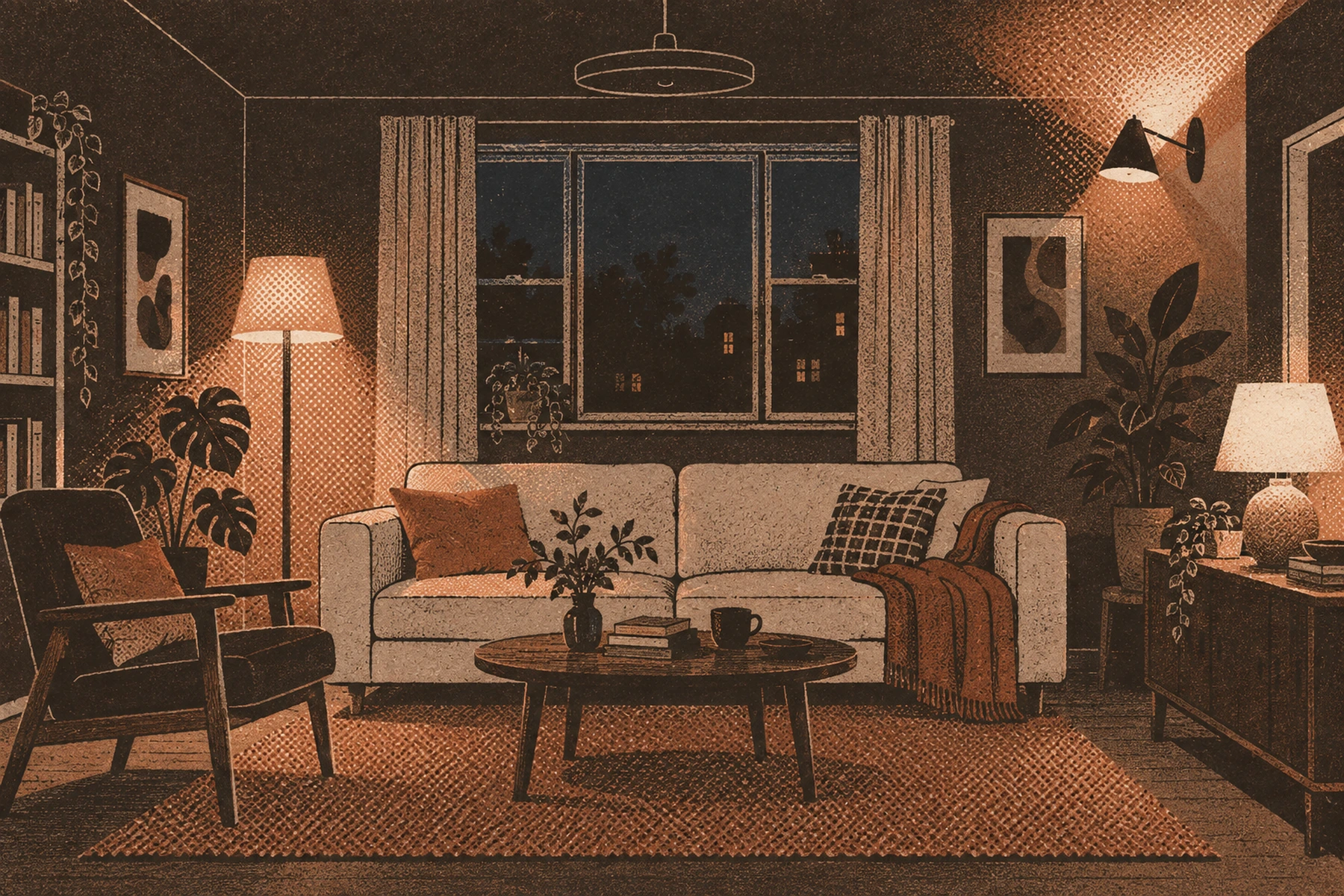 A living room at night with the ceiling fixture drawn in outline only and clearly switched off. Three lamps are lit at three heights: a floor lamp beside the bookcase in one corner, a table lamp at table height in the opposite corner so the two sit diagonally across the room, and a wall light above head height washing the top of the wall. Each lit lamp throws a soft pool of light onto the floor, the wall and the ceiling; the rest of the room stays dark.