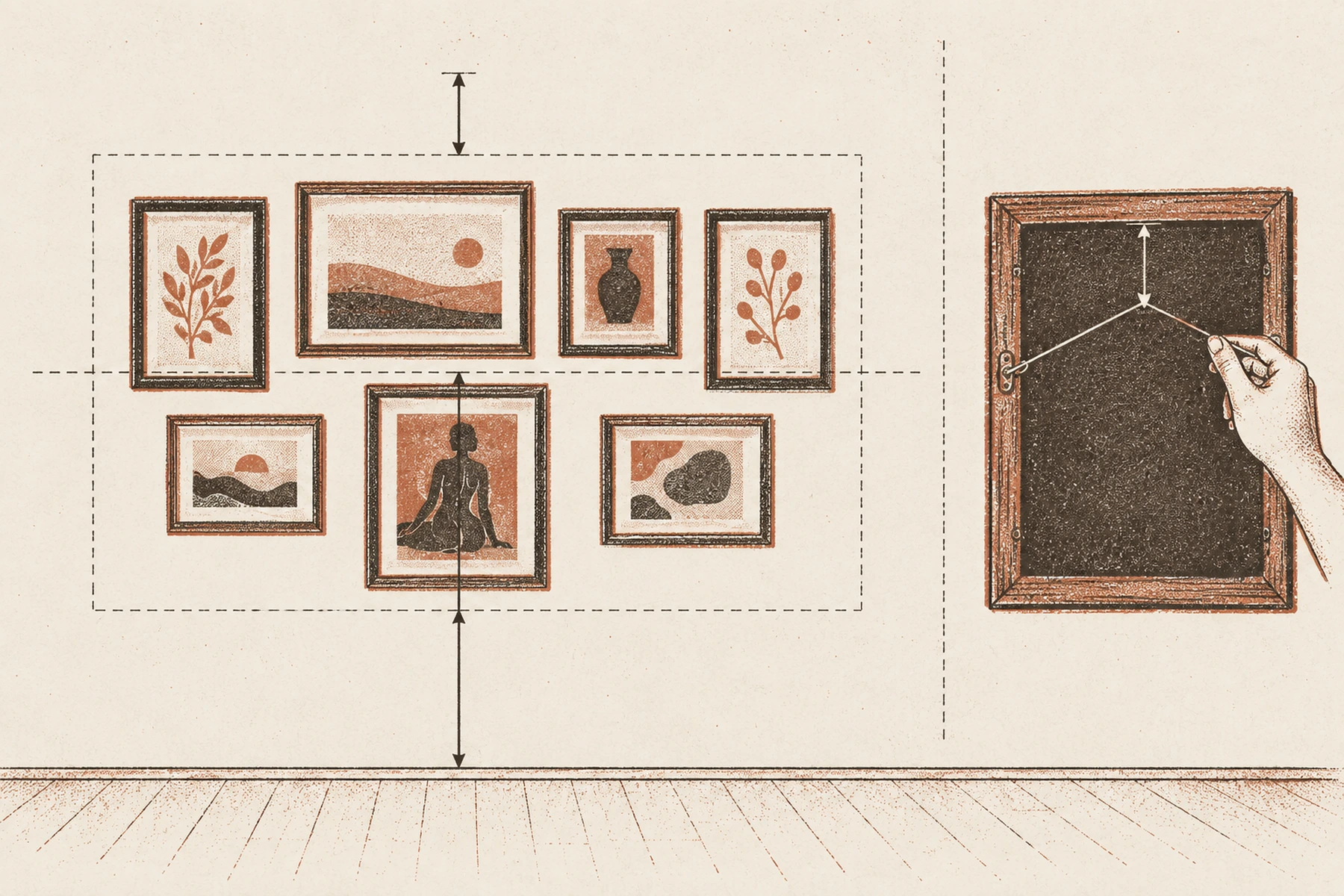 A wall drawn face on with a group of seven frames inside a thin dashed rectangle. A horizontal line runs through the center of that rectangle, with one arrow dropping from it to the floor line and a second running up from it to the top edge of the group. To the right, a separate detail of the back of one frame, its hanging wire pulled taut by a finger, with a short arrow from the taut wire up to the frame's top rail.