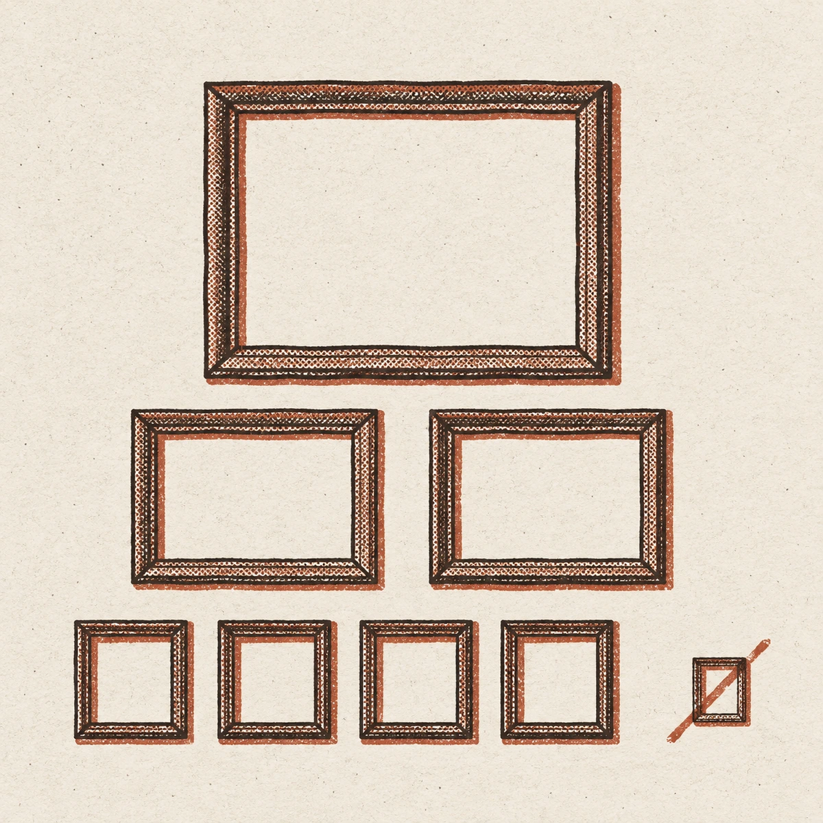 Seven empty picture frames drawn face on at their true relative sizes in three tiers: one large frame, two medium frames about half its width below it, and four small frames in a row under those. A much smaller frame sits off to the side with a single stroke drawn through it.