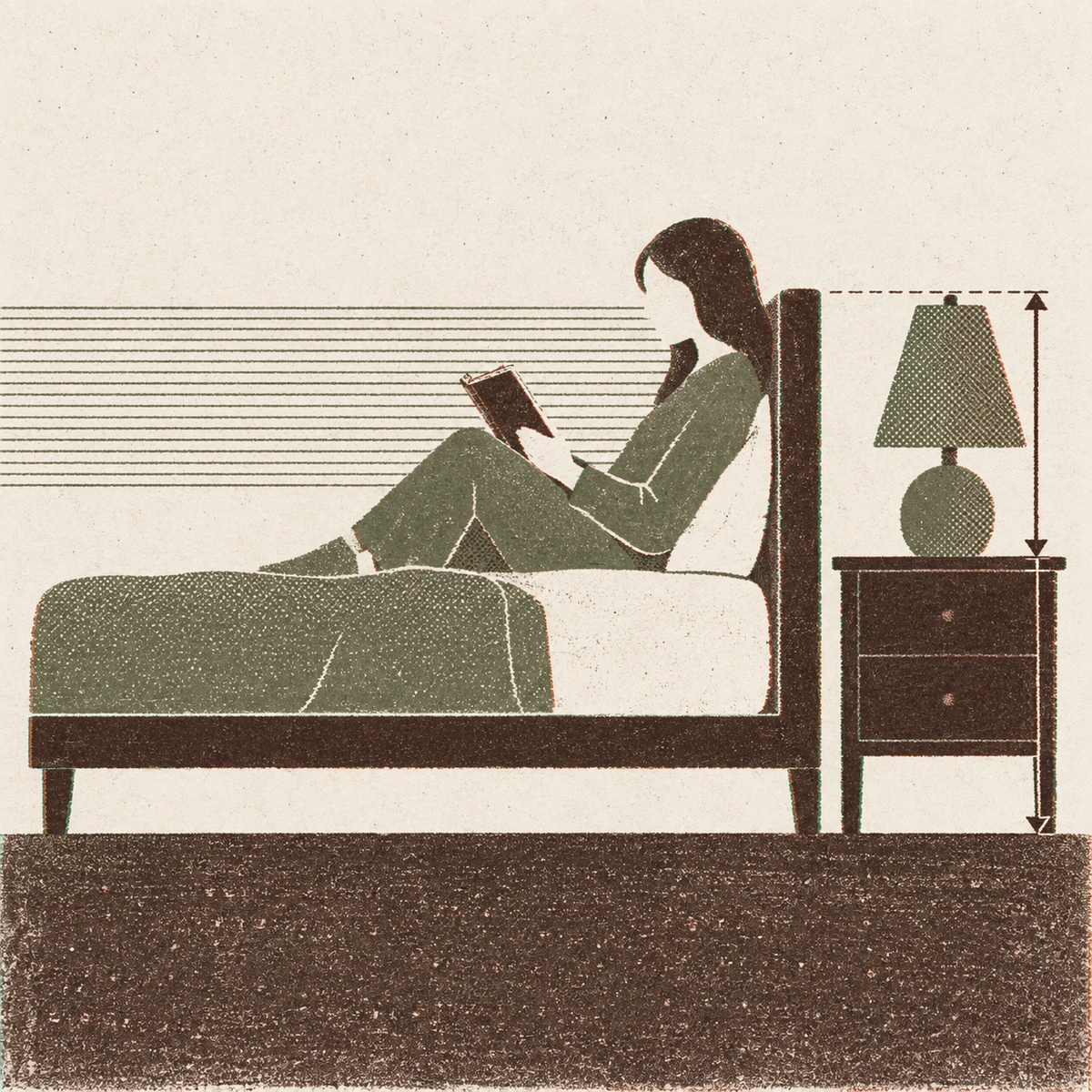 Side view of a bed with someone drawn as a flat silhouette sitting up against the headboard reading, and a nightstand beside them carrying a small table lamp. A dimension arrow on the right runs from the floor up past the top of the nightstand and on to the top of the lamp, with a dashed line running back across to the reader.