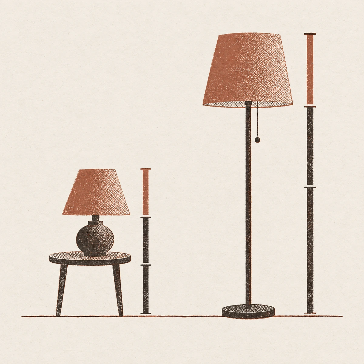 A short table lamp standing on a side table and a tall floor lamp, drawn to the same scale on one floor line. Beside each lamp is a vertical bar divided into three equal segments, and the top segment lines up exactly with the height of that lamp's shade.