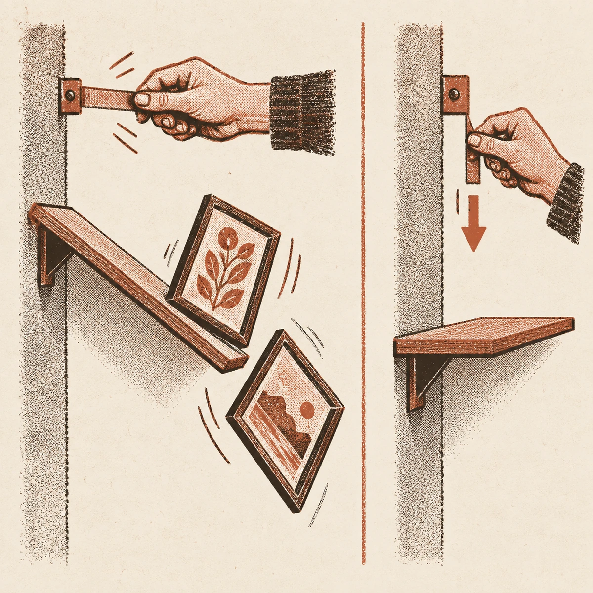 A two ink drawing in two halves. On the left, a hand pulls a tab outwards from the wall, the loaded ledge has tipped steeply down at one end, and two framed pictures are sliding off it mid fall with motion strokes behind them. On the right, the same hand pulls the same tab straight down the wall, and the ledge below it is empty and still level.