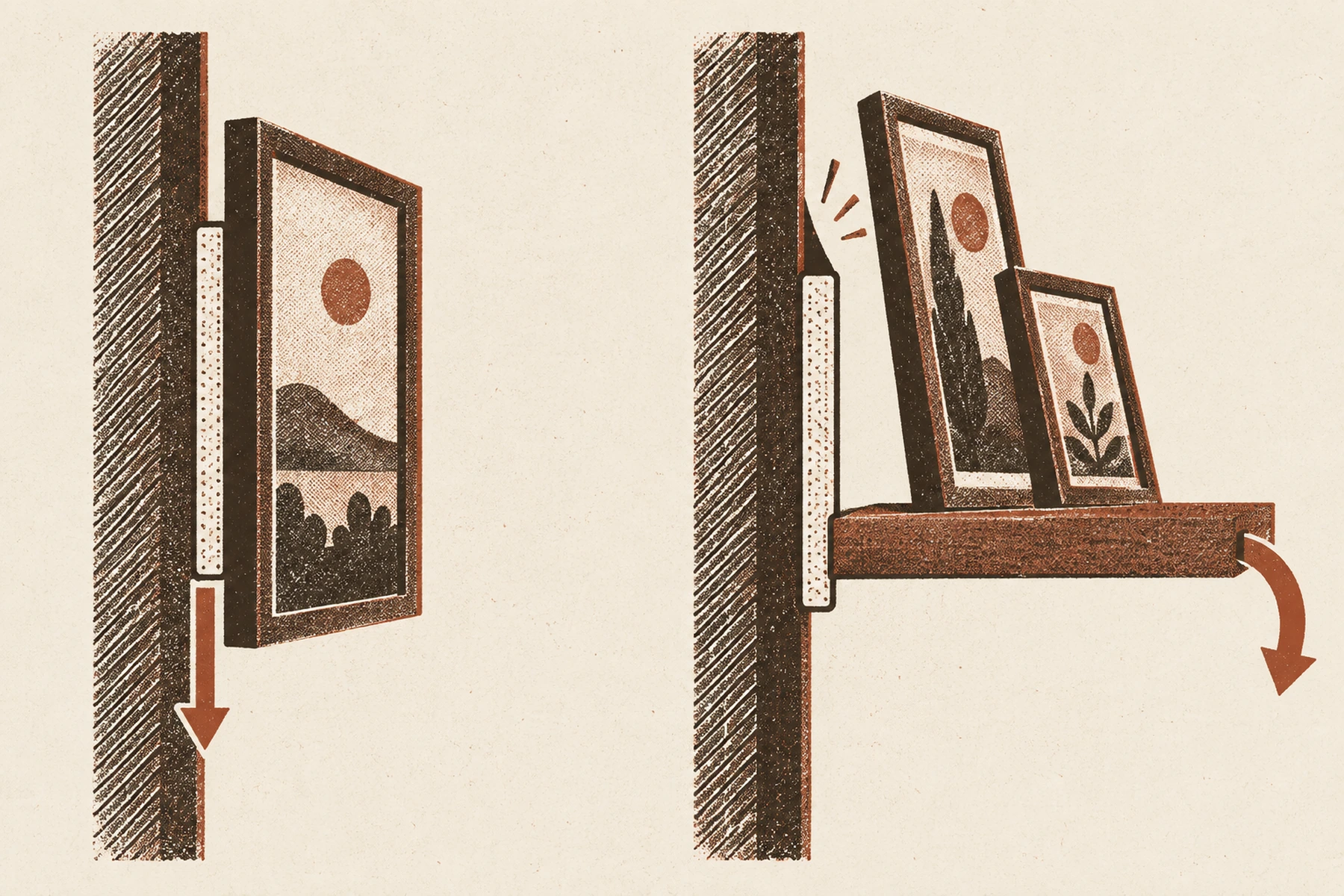 A two ink drawing of two wall cross sections side by side, each with an adhesive strip on the wall. On the left a framed picture hangs flat against the wall and one straight arrow runs down the face of the strip. On the right a narrow ledge sticks out from the same strip with two frames leaning on it, the arrow curves down at the outer end, and the top edge of the strip is shown peeling away from the wall as an opening wedge.