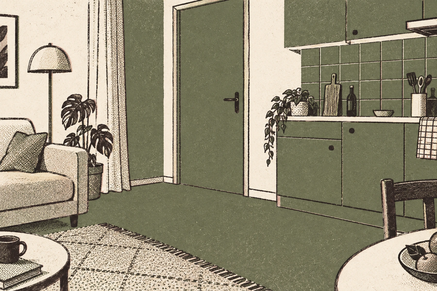 A cutaway view of a small apartment showing a living room and the edge of the kitchen. Five surfaces are filled solid in olive: the walls, the floor, the kitchen cabinet fronts, a run of wall tiles and the internal door. Everything the tenant owns, the sofa, a rug, the curtains, a lamp and a few objects, is drawn in outline only and takes up a visibly small part of the picture.