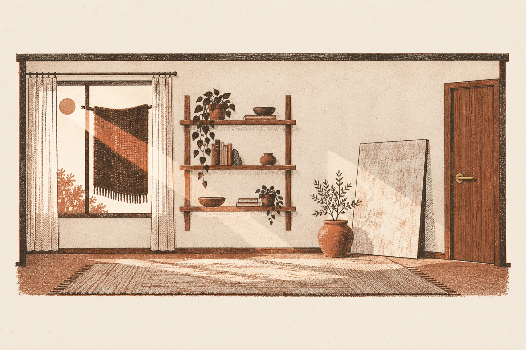A flat section through one room with six materials drawn where each belongs: a rug on the floor, a light curtain at the window, wooden shelves on the wall, a terracotta pot standing on the floor, a brass handle on the door and a limewashed panel leaning against the wall. Hung across the window itself, in the sunlight, is a heavy woven wool throw with the sun falling straight onto it.