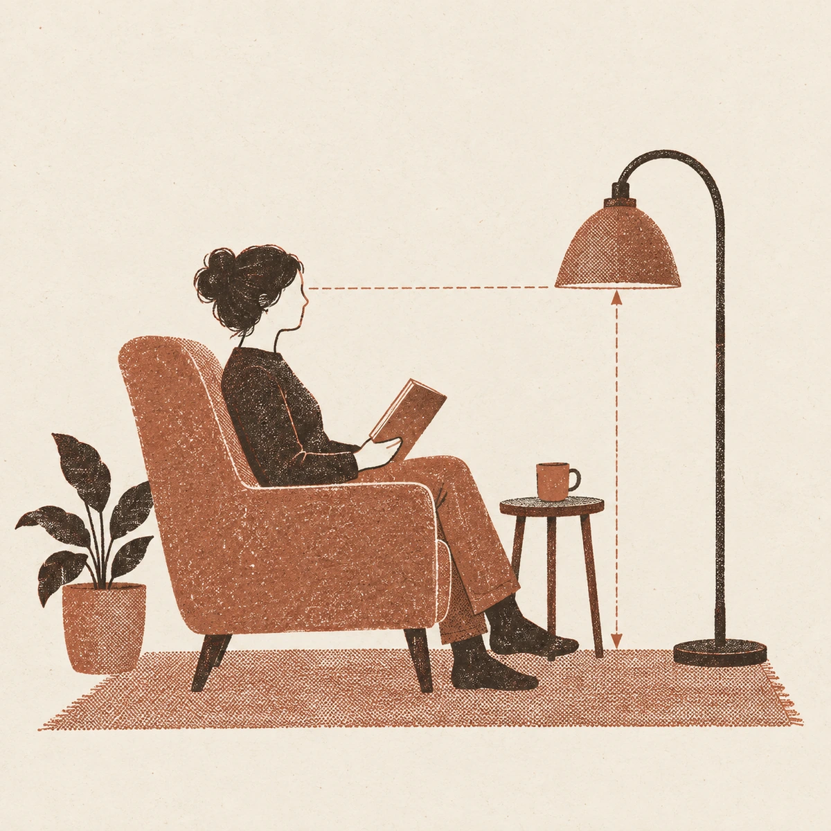 A two ink side view of a reading corner. A person sits in an armchair in profile with a book, and a floor lamp stands beside the chair with its gooseneck arm bent over so the bottom edge of the shade is level with the reader's eye. A dashed line runs from the eye across to the bottom edge of the shade, and an arrow drops from there straight down to the floor. A small side table with a mug stands within arm's reach.