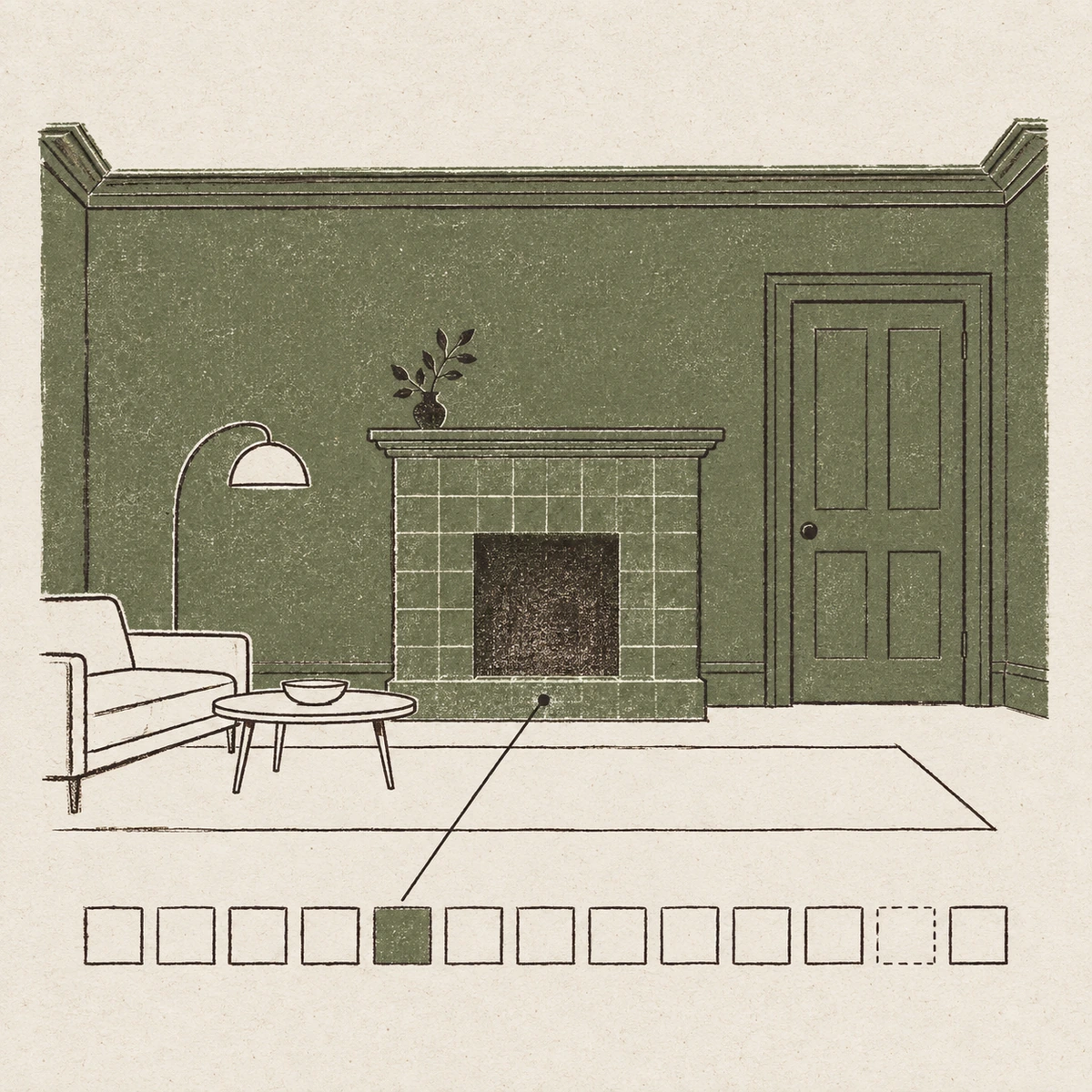 One wall of a room drawn face on, carrying a tiled fireplace, a deep cornice molding and a panelled door, all filled solid in olive. The movable furniture in front of it, a sofa, a low table and a lamp, is drawn in outline only. Below the room, a row of small identical squares stands for the nameable things: one is filled solid with a line leading up to the fireplace, and one further along is outlined in a dashed line as the slot still free.