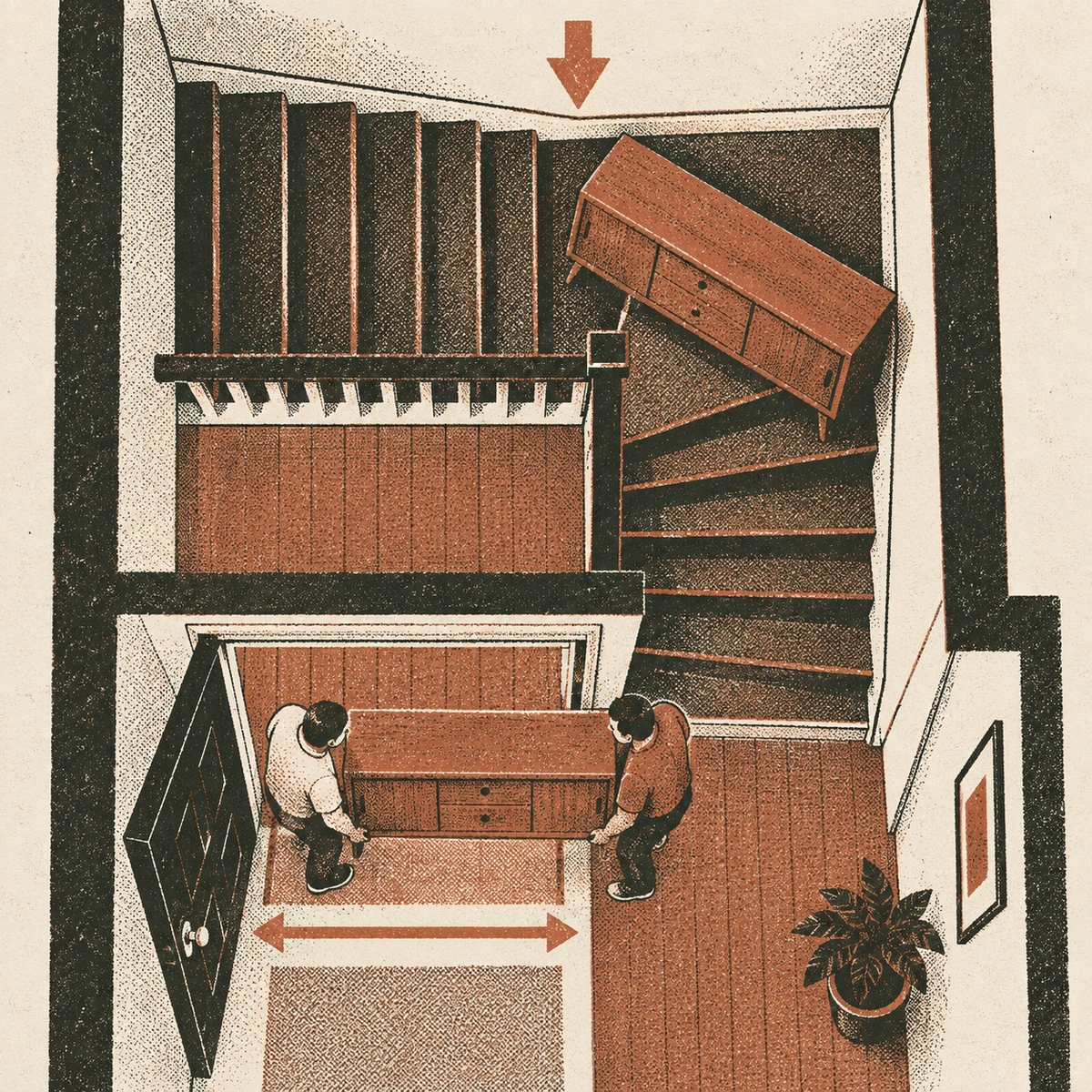 Overhead plan of a staircase with a half landing and a right angle turn. A sideboard is drawn twice: at the bottom, two figures carry it easily through a wide doorway, with an arrow marking the doorway width; higher up, the same sideboard is jammed across the turn with its diagonal clearly longer than the landing, and an arrow points down at the pinch point.