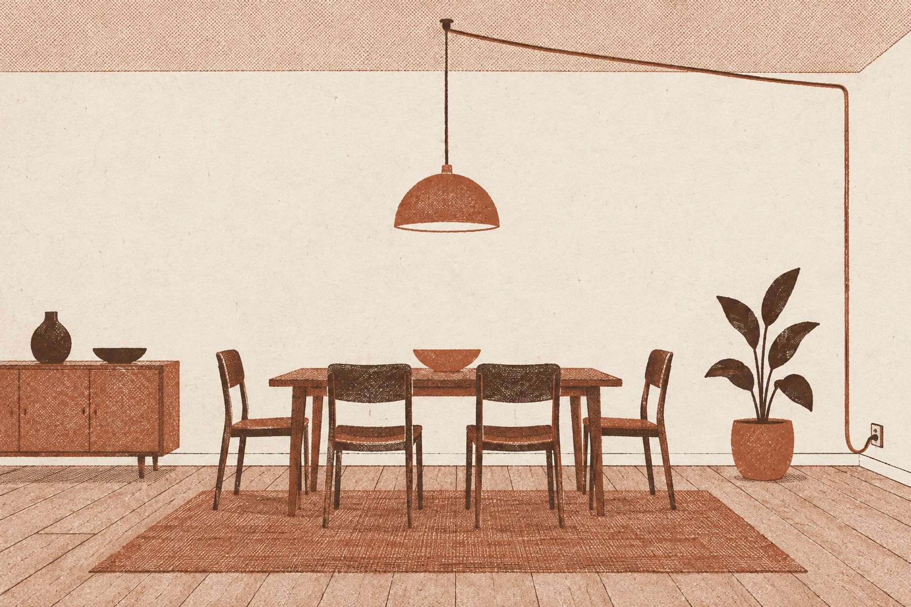 A two ink print of a rented dining room drawn flat and face on. The only hole anywhere is a single hook in the ceiling; the pendant cord runs from it across the ceiling, down the far wall and into a socket at the baseboard. The wall itself is unbroken. The table, four chairs, a sideboard with a vase and a bowl on it, and a potted plant all stand on the floor, the table on a rug.