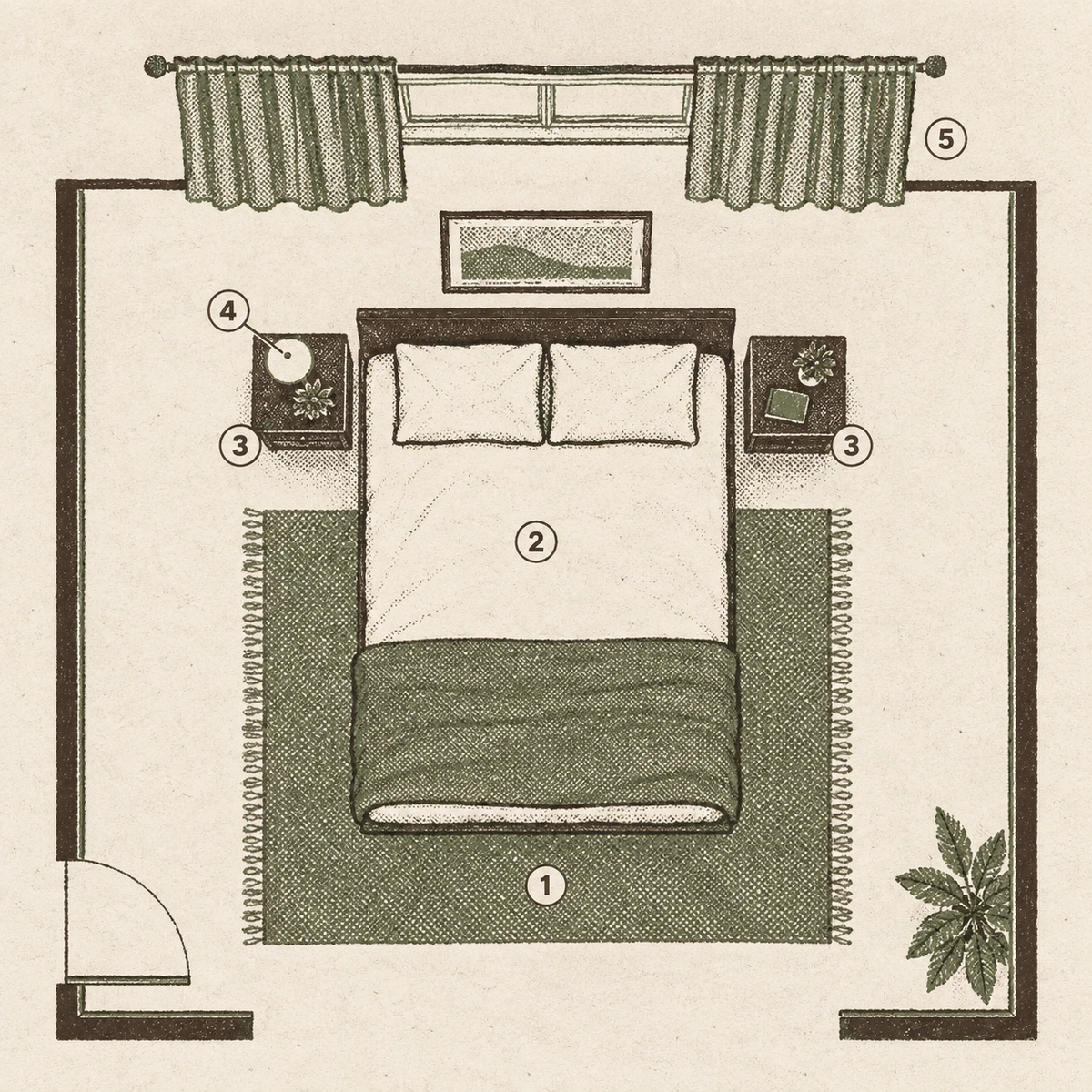 A two ink plan of a bedroom seen from directly above. A rug marked 1 lies under the lower two thirds of the bed and stops short of the nightstands. The bed marked 2 stands against the far wall, a nightstand marked 3 sits on each side of it, a lamp marked 4 is a small circle on the left nightstand, and the curtains marked 5 are drawn well past each side of the window above the headboard. A framed picture hangs centered over the headboard and there is clear floor down both sides of the bed.