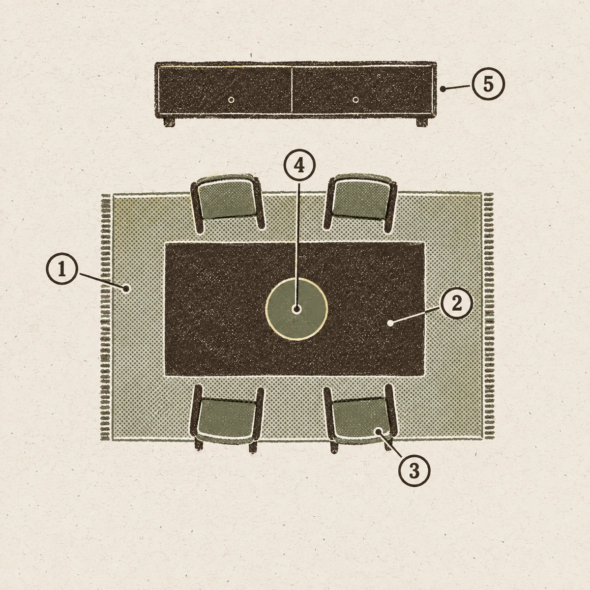 A two ink plan of a dining room seen from directly above. A rug marked 1 fills the middle of the floor, a rectangular table marked 2 sits centered on it, four chairs marked 3 are pushed back from the table with their back legs still standing on the rug, a small circle marked 4 is the pendant over the center of the table, and a sideboard marked 5 stands against the wall clear of the rug.
