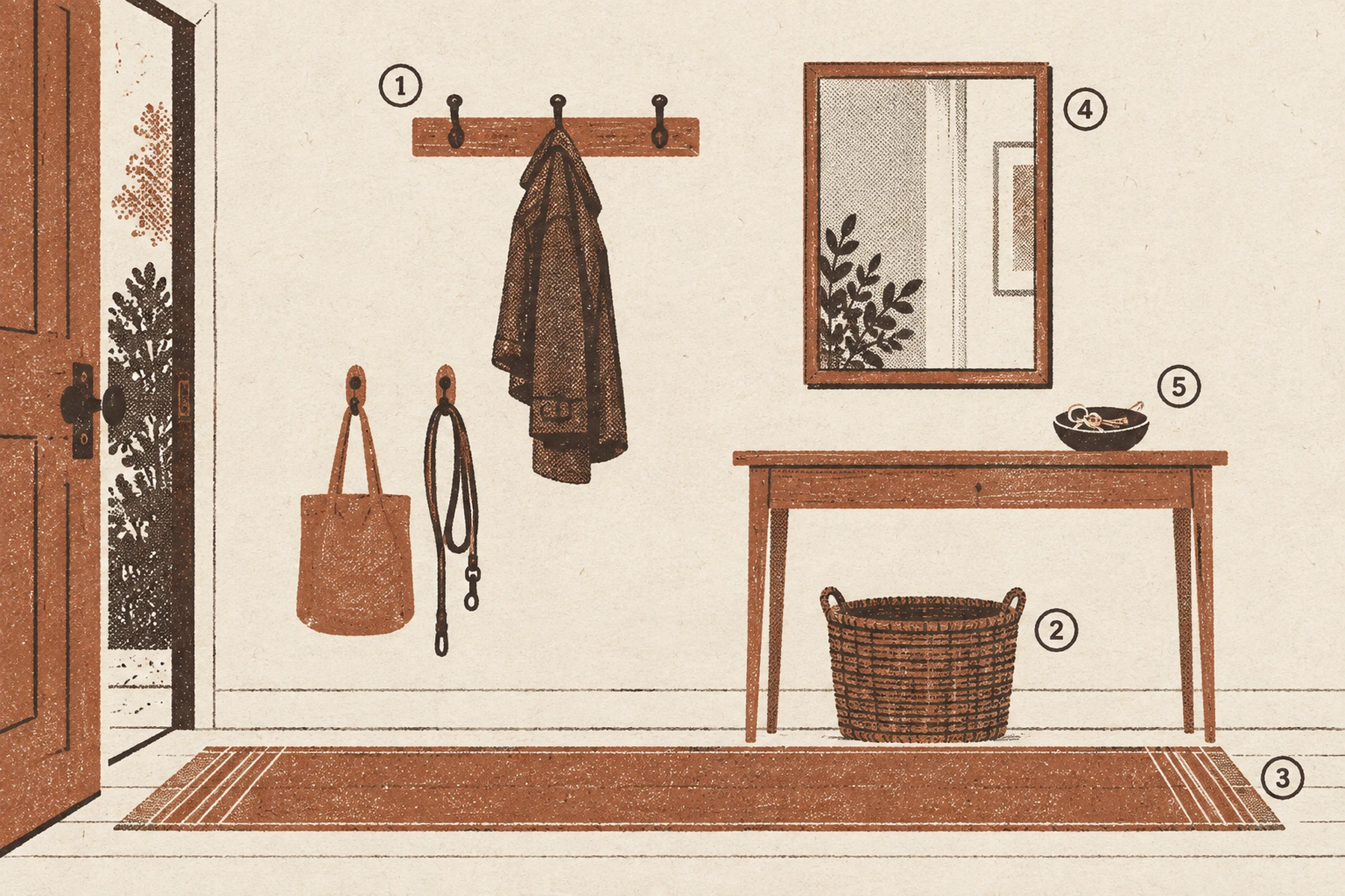 A two ink elevation of the first few feet of wall inside an open front door. High on the wall a rail of three coat hooks holds one coat; below it a second, lower pair of hooks holds a tote bag and a dog leash. To the right a mirror hangs above a shallow console table with a small bowl of keys on it, and a woven basket stands on the floor underneath the console. A striped runner rug lies along the floor with bare boards showing on both sides of it.