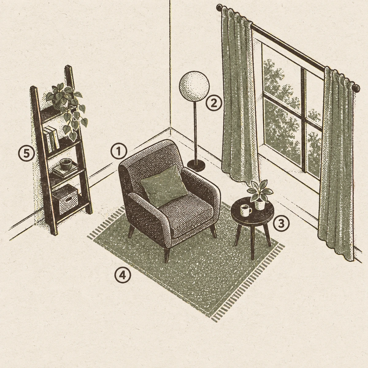A two ink drawing of a corner of a room seen from above and to one side, with two walls meeting and a curtained window in one of them. An armchair marked 1 stands on a small rug and is angled toward the window, a floor lamp marked 2 stands beside it, a small round side table marked 3 with a mug and a plant on it sits within arm's reach of the chair, the rug is marked 4, and a leaning ladder shelf holding books and a plant against the other wall is marked 5.